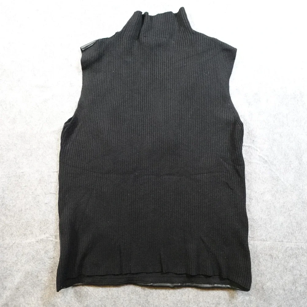 Sioni Milano Sweater Womens Small Black Knit Faux Leather Combo Sleeveless‎ Mock